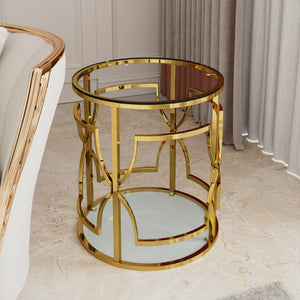 English Elm 19.7 Inch Round Gold Geometric End Table Dual Tier Tempered Glass Top Glam Living Room Accent Transparent N735P464301K