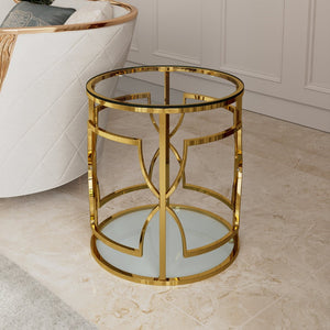 English Elm 19.7 Inch Round Gold Geometric End Table Dual Tier Tempered Glass Top Glam Living Room Accent Transparent N735P464301K