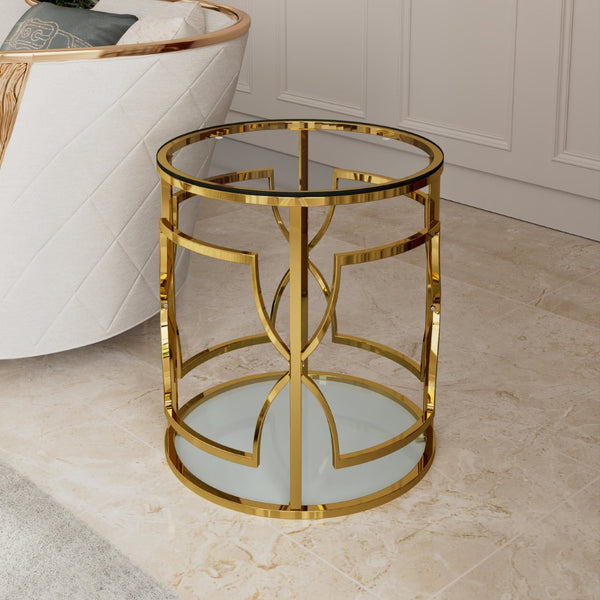 English Elm 19.7 Inch Round Gold Geometric End Table Dual Tier Tempered Glass Top Glam Living Room Accent Transparent N735P464301K