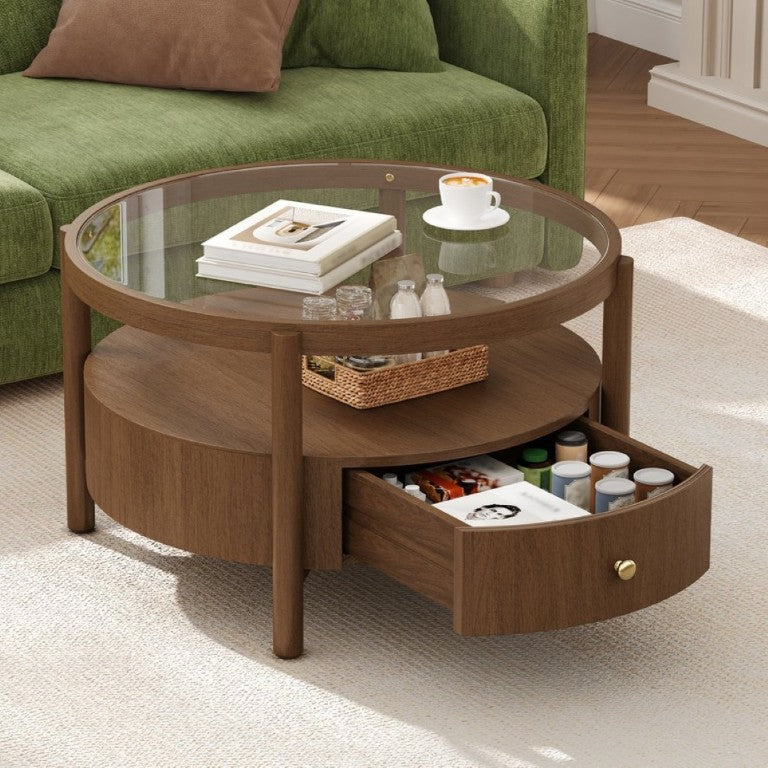 English Elm Solid Walnut Round Glass Top Coffee Table with Drawer Two Tier Mid Century Living N735P464672D