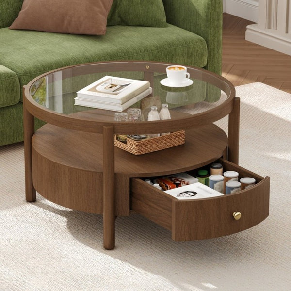 English Elm Solid Walnut Round Glass Top Coffee Table with Drawer Two Tier Mid Century Living N735P464672D