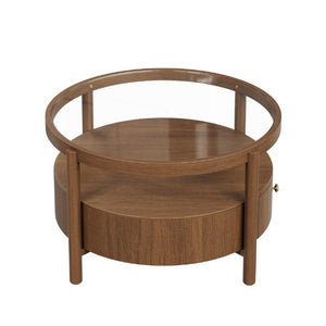 English Elm Solid Walnut Round Glass Top Coffee Table with Drawer Two Tier Mid Century Living N735P464672D