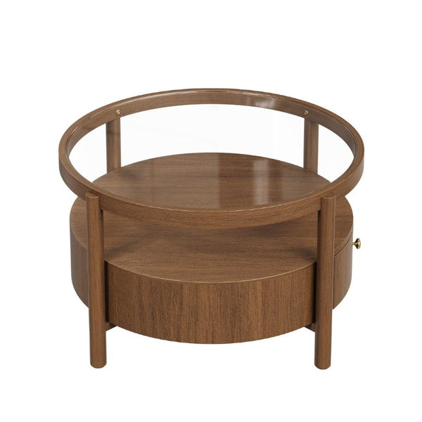 English Elm Solid Walnut Round Glass Top Coffee Table with Drawer Two Tier Mid Century Living N735P464672D