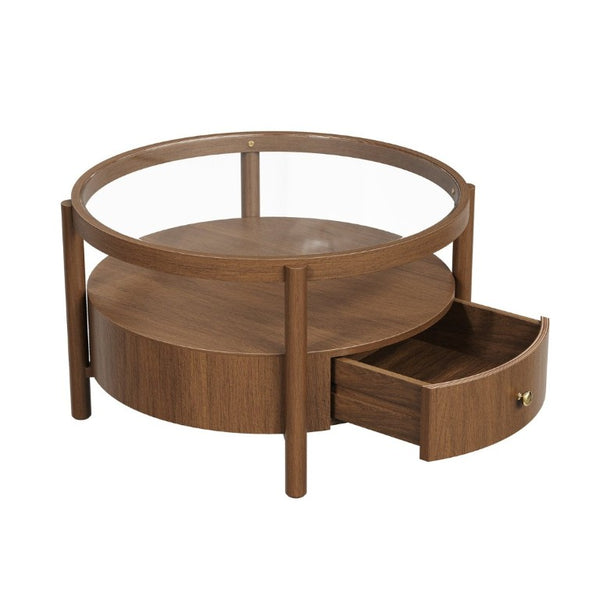 English Elm Solid Walnut Round Glass Top Coffee Table with Drawer Two Tier Mid Century Living N735P464672D