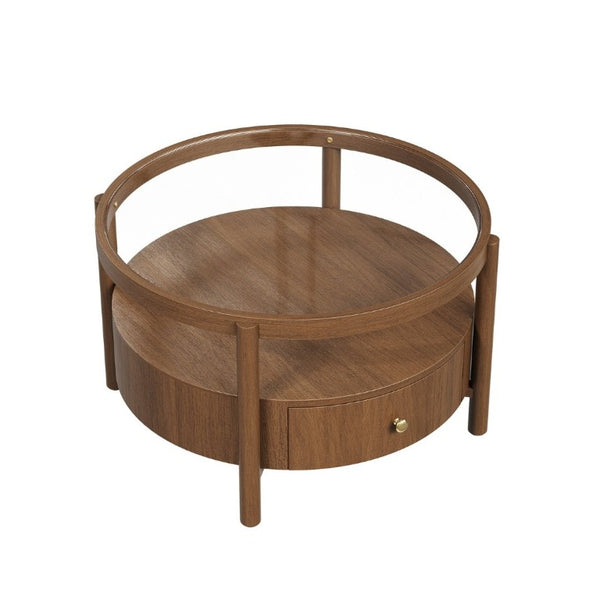 English Elm Solid Walnut Round Glass Top Coffee Table with Drawer Two Tier Mid Century Living N735P464672D