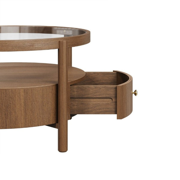 English Elm Solid Walnut Round Glass Top Coffee Table with Drawer Two Tier Mid Century Living N735P464672D