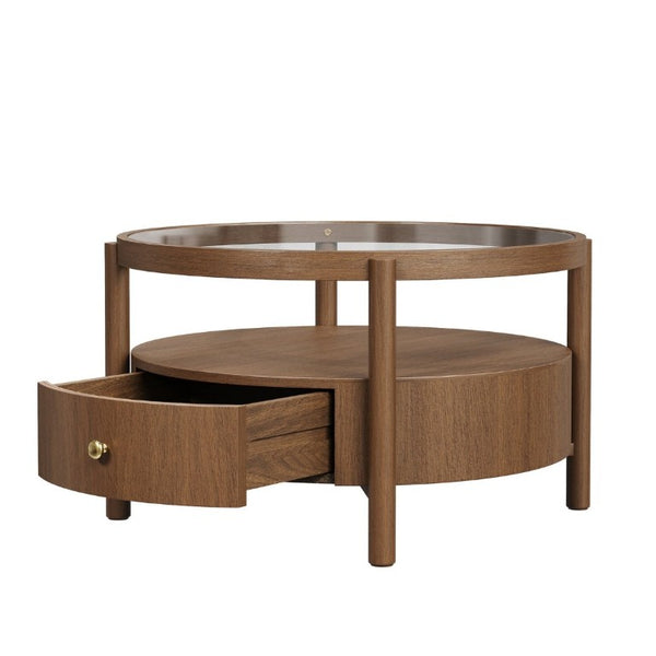 English Elm Solid Walnut Round Glass Top Coffee Table with Drawer Two Tier Mid Century Living N735P464672D