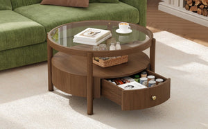 English Elm Solid Walnut Round Glass Top Coffee Table with Drawer Two Tier Mid Century Living N735P464672D
