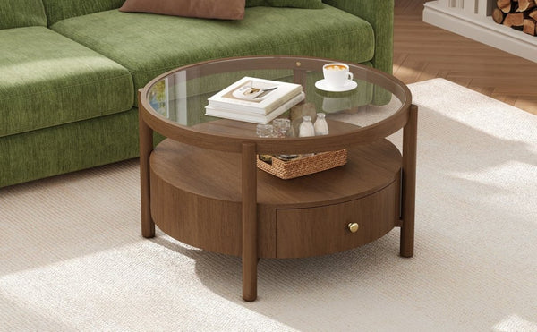 English Elm Solid Walnut Round Glass Top Coffee Table with Drawer Two Tier Mid Century Living N735P464672D