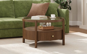 English Elm Solid Walnut Round Glass Top Coffee Table with Drawer Two Tier Mid Century Living N735P464672D