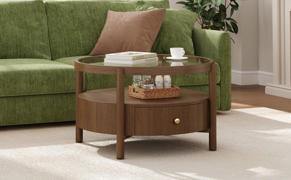English Elm Solid Walnut Round Glass Top Coffee Table with Drawer Two Tier Mid Century Living N735P464672D