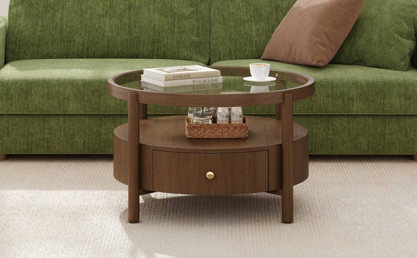 English Elm Solid Walnut Round Glass Top Coffee Table with Drawer Two Tier Mid Century Living N735P464672D