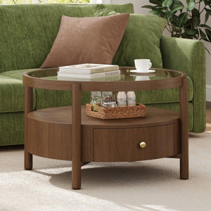 English Elm Solid Walnut Round Glass Top Coffee Table with Drawer Two Tier Mid Century Living N735P464672D