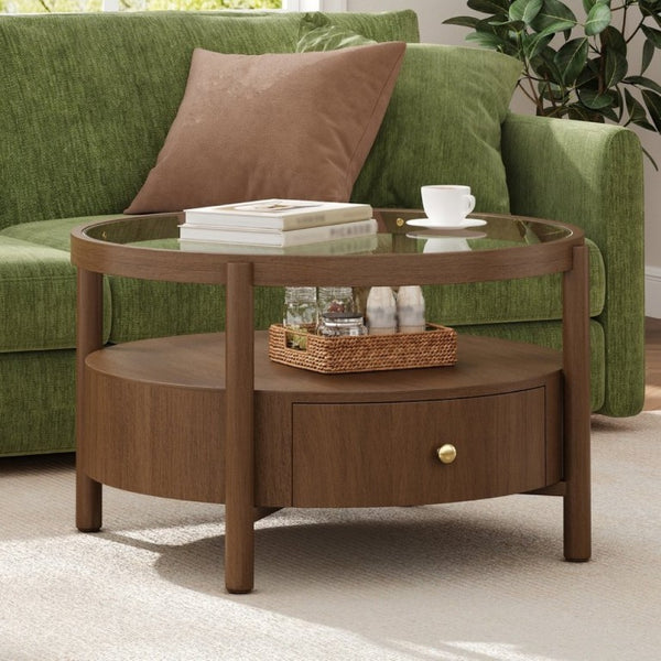 English Elm Solid Walnut Round Glass Top Coffee Table with Drawer Two Tier Mid Century Living N735P464672D