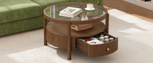 English Elm Solid Walnut Round Glass Top Coffee Table with Drawer Two Tier Mid Century Living N735P464672D