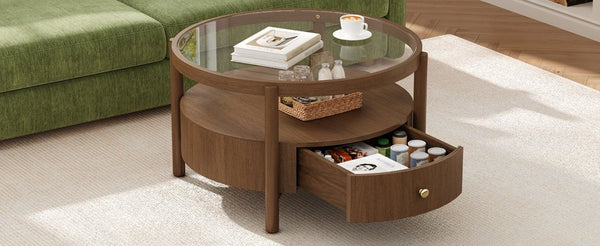 English Elm Solid Walnut Round Glass Top Coffee Table with Drawer Two Tier Mid Century Living N735P464672D