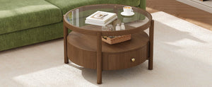 English Elm Solid Walnut Round Glass Top Coffee Table with Drawer Two Tier Mid Century Living N735P464672D