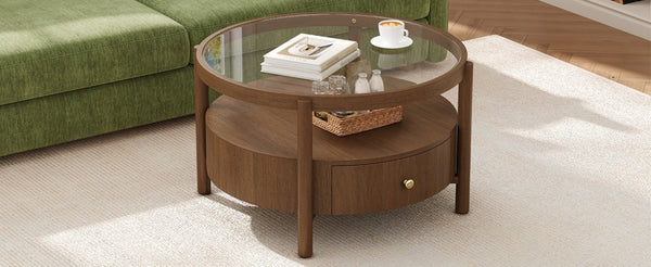 English Elm Solid Walnut Round Glass Top Coffee Table with Drawer Two Tier Mid Century Living N735P464672D
