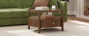 English Elm Solid Walnut Round Glass Top Coffee Table with Drawer Two Tier Mid Century Living N735P464672D