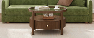 English Elm Solid Walnut Round Glass Top Coffee Table with Drawer Two Tier Mid Century Living N735P464672D