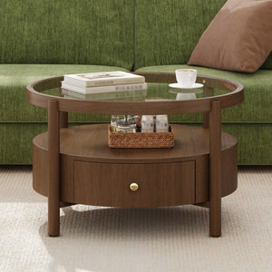 English Elm Solid Walnut Round Glass Top Coffee Table with Drawer Two Tier Mid Century Living N735P464672D