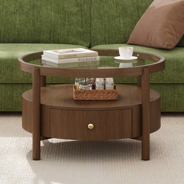 English Elm Solid Walnut Round Glass Top Coffee Table with Drawer Two Tier Mid Century Living N735P464672D