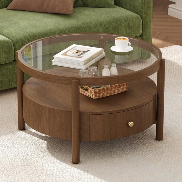English Elm Solid Walnut Round Glass Top Coffee Table with Drawer Two Tier Mid Century Living N735P464672D