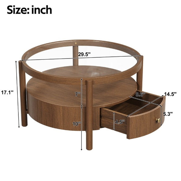 English Elm Solid Walnut Round Glass Top Coffee Table with Drawer Two Tier Mid Century Living N735P464672D