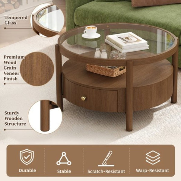 English Elm Solid Walnut Round Glass Top Coffee Table with Drawer Two Tier Mid Century Living N735P464672D