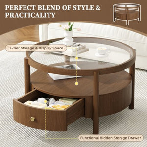 English Elm Solid Walnut Round Glass Top Coffee Table with Drawer Two Tier Mid Century Living N735P464672D