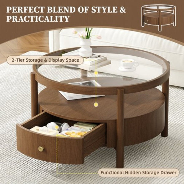 English Elm Solid Walnut Round Glass Top Coffee Table with Drawer Two Tier Mid Century Living N735P464672D