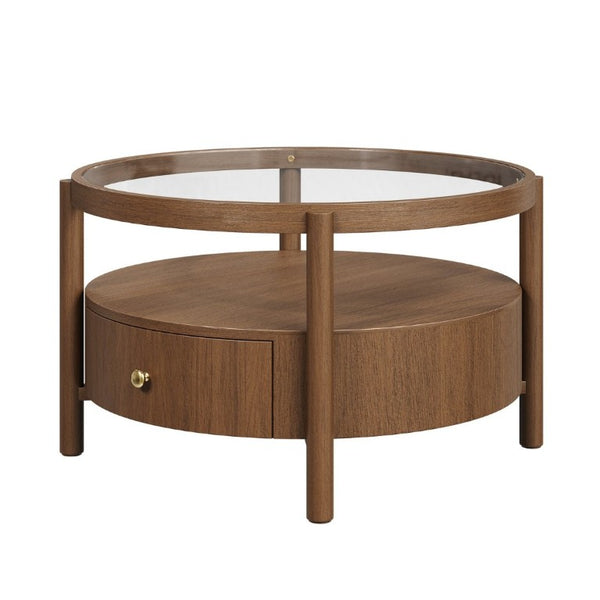 English Elm Solid Walnut Round Glass Top Coffee Table with Drawer Two Tier Mid Century Living N735P464672D