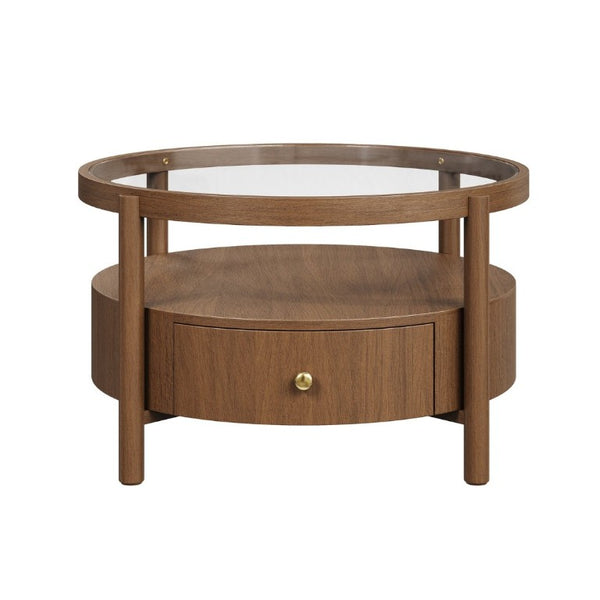 English Elm Solid Walnut Round Glass Top Coffee Table with Drawer Two Tier Mid Century Living N735P464672D