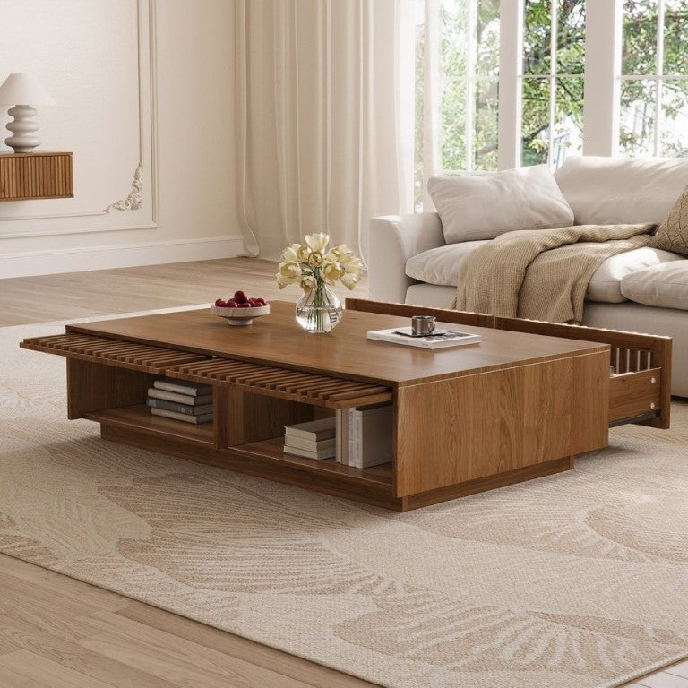 English Elm Mid Century Solid Walnut Coffee Table with Four Slatted Drawers for Living Room N735P464673D