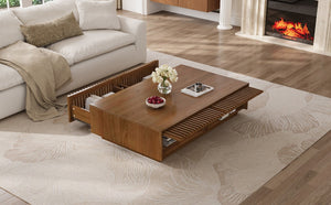 English Elm Mid Century Solid Walnut Coffee Table with Four Slatted Drawers for Living Room N735P464673D