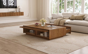 English Elm Mid Century Solid Walnut Coffee Table with Four Slatted Drawers for Living Room N735P464673D
