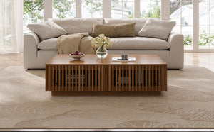 English Elm Mid Century Solid Walnut Coffee Table with Four Slatted Drawers for Living Room N735P464673D