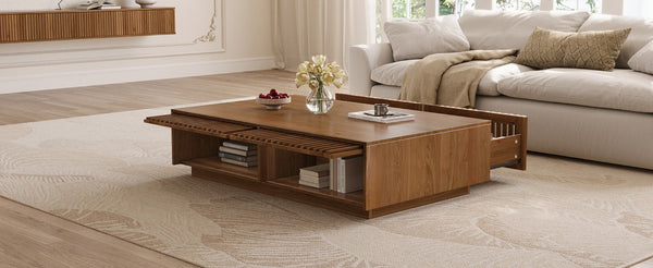English Elm Mid Century Solid Walnut Coffee Table with Four Slatted Drawers for Living Room N735P464673D