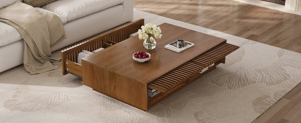 English Elm Mid Century Solid Walnut Coffee Table with Four Slatted Drawers for Living Room N735P464673D