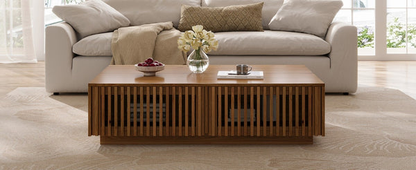 English Elm Mid Century Solid Walnut Coffee Table with Four Slatted Drawers for Living Room N735P464673D