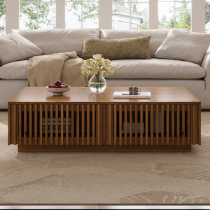 English Elm Mid Century Solid Walnut Coffee Table with Four Slatted Drawers for Living Room N735P464673D