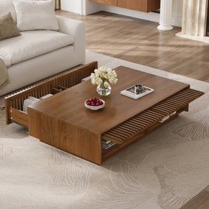 English Elm Mid Century Solid Walnut Coffee Table with Four Slatted Drawers for Living Room N735P464673D