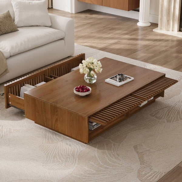 English Elm Mid Century Solid Walnut Coffee Table with Four Slatted Drawers for Living Room N735P464673D
