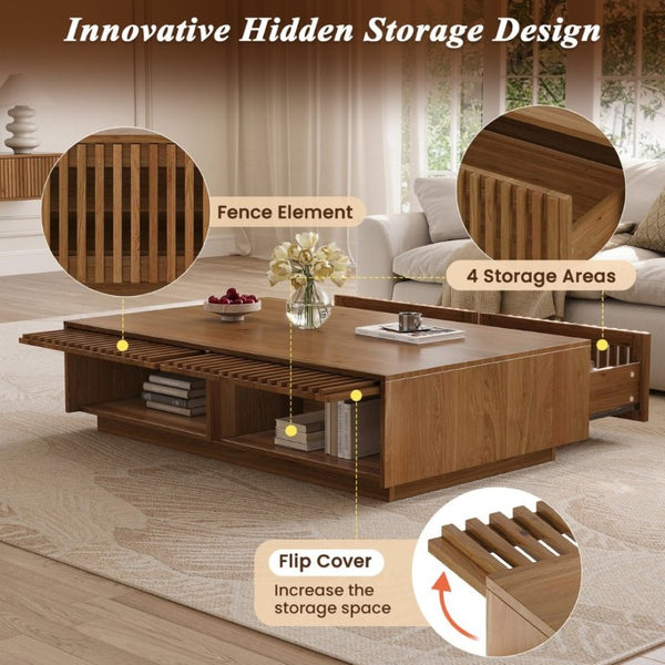 English Elm Mid Century Solid Walnut Coffee Table with Four Slatted Drawers for Living Room N735P464673D