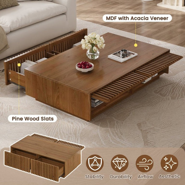 English Elm Mid Century Solid Walnut Coffee Table with Four Slatted Drawers for Living Room N735P464673D
