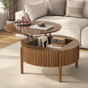 English Elm Round Lift Top Coffee Table Solid Wood Fluted Walnut Finish Living Room Storage N735P464675D