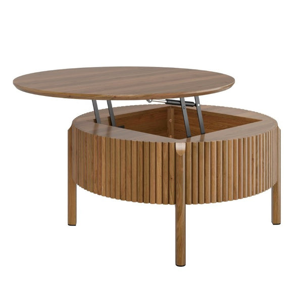 English Elm Round Lift Top Coffee Table Solid Wood Fluted Walnut Finish Living Room Storage N735P464675D