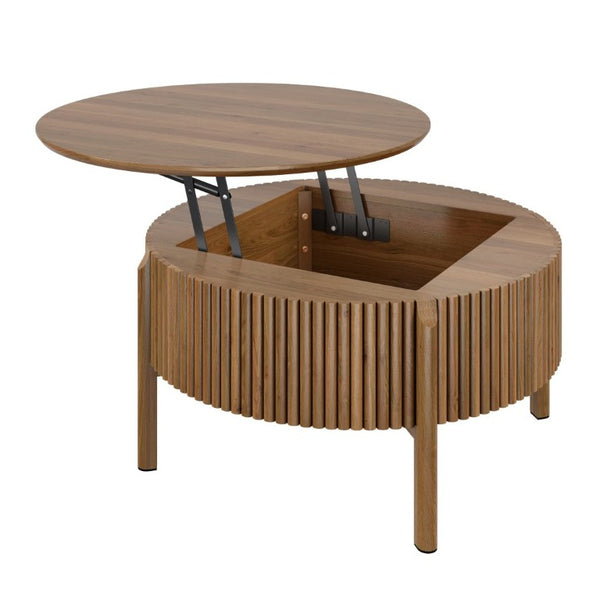 English Elm Round Lift Top Coffee Table Solid Wood Fluted Walnut Finish Living Room Storage N735P464675D
