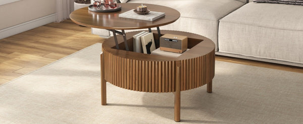 English Elm Round Lift Top Coffee Table Solid Wood Fluted Walnut Finish Living Room Storage N735P464675D