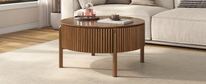 English Elm Round Lift Top Coffee Table Solid Wood Fluted Walnut Finish Living Room Storage N735P464675D